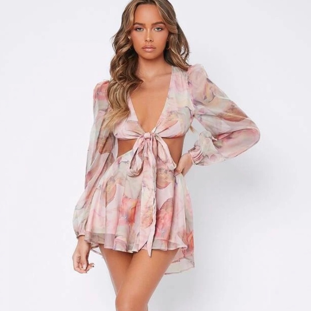 SHEIN PETITE Floral Print Backless Tie Front Jumpsuit